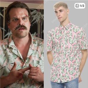Stranger Things Jim Hopper Hawaiian Leaf Pattern Shirt 100% Cotton Pink & Green